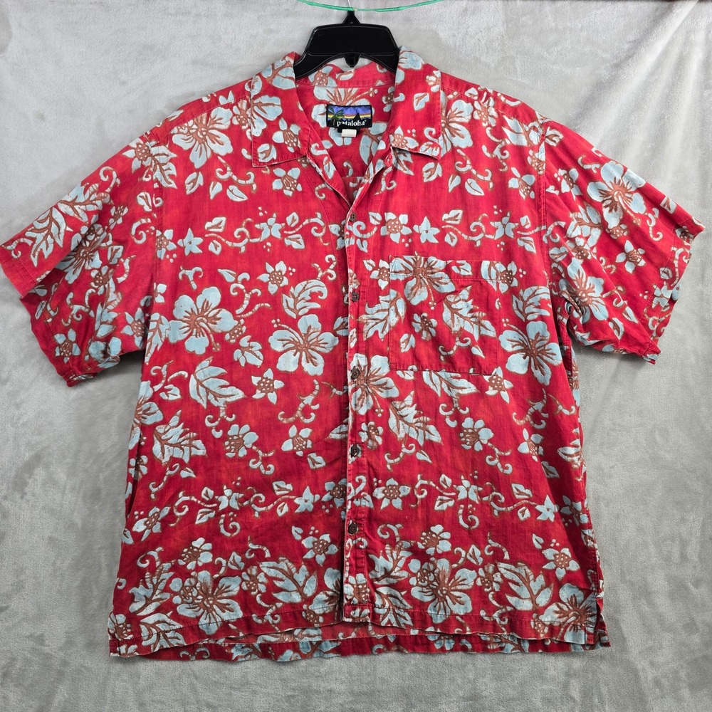 Vintage‎ Patagonia Pataloha Mens large Red Floral Button Up Hawaiian Shirt Size